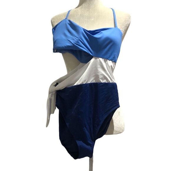𝅺LAUREN Ralph Lauren color block cutout bandeau side tie blue white swimsuit 10 - Picture 1 of 10
